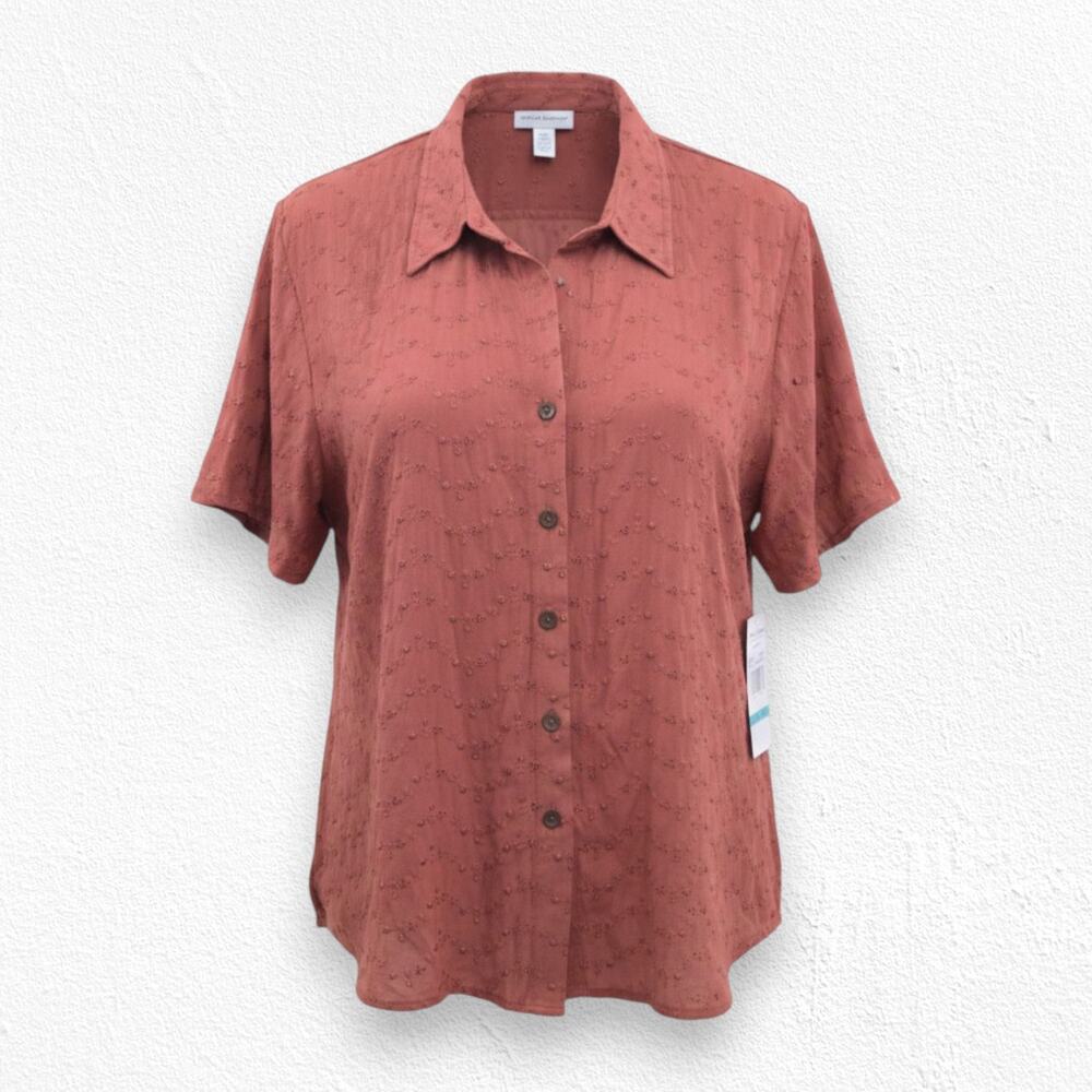 Y2K Vintage Alfred Dunner Paprika Textured Button Up Blouse Short Sleeve Size 16